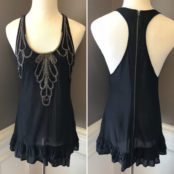 Free People Tops - [Free People] Black Embellished Ruffle Tank Size 4
